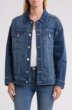 A classic blue wash with bold topstitching creates depth on this casual denim jacket cut with a hint of stretch that makes it easy to layer. 24 1/2" length (size Small) Front button closure Spread collar Chest flap pockets 71% cotton, 20% polyester, 7% rayon, 2% spandex Machine wash, tumble dry Imported Casual Denim Jacket, Denim Trucker Jacket, Trucker Jacket, Brand Jeans, Casual Denim, Classic Blue, True Religion, Blazer Jacket, Denim Jacket