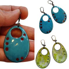 Please allow for slight variation due to the hand-made nature of these. Lovely, enameled copper on sterling silver hooks. Please see photos for close-ups. Unique Enamel Pierced Earrings, Unique Enamel Earrings For Pierced Ears, Artisan Green Enamel Earrings, Green Artisan Enamel Earrings, Black Enamel Earrings For Gift, Handmade Turquoise Enamel Earrings, Artistic Enamel Earrings Nickel-free, Artisan Hand Painted Enamel Earrings, Teardrop Black Enamel Earrings For Gift