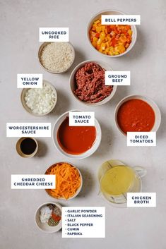 an image of different bowls of food labeled in the word, soups and condiments