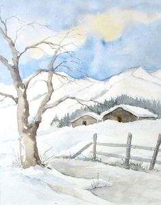 a watercolor painting of a snowy landscape with a tree and fence in the foreground