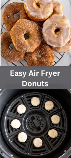 an air fryer with doughnuts on it and the words easy air fryer donuts