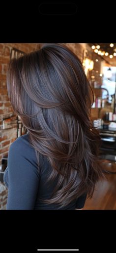 Long Styled Haircut, Off Black Hair With Highlights, Long Layer Dark Brown Hair, Curled Layered Hair Long, Long Dark Hair Green Eyes, Dark Hair With Mocha Highlights, Bra Line Hair Length, Chocolate Brown Hair With Long Layers, Curled Hair Straight Ends