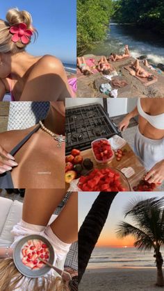 a collage of photos showing women on the beach and in bikinis cooking food