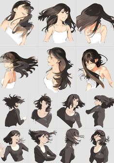 Long Hair Drawing, Hair Movement, Pelo Anime, Drawing Eyes, Drawing Hair, Drawing Faces, Poses References, Character Poses, Hair Reference