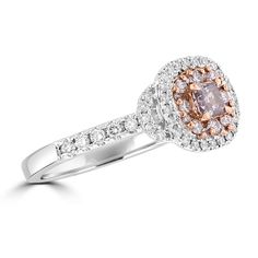 18KT White & Rose Gold 0.23 CT Radiant Cut Pink Diamond, 0.17 CTW Round Brilliant Pink Diamond, and 0.32 CTW Diamond Double Halo Ring. Double Halo, Radiant Cut, Halo Rings, Pink Diamond, White Rose Gold, Round Brilliant, White Roses, Two Tone, Halo