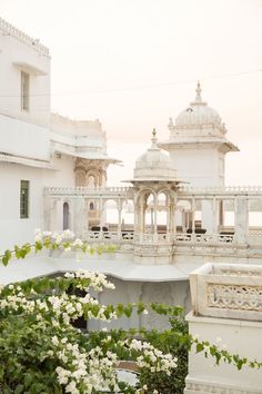 an ornate building with white flowers in the foreground and greenery on the other side