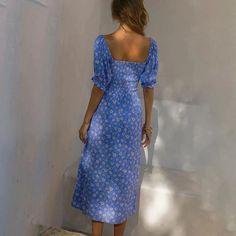 Summer Women Puff Sleeve Backless Midi Dress Vintage Floral Print Spli – Global Fashions GC Long Casual Summer Dresses, Casual Summer Dresses For Women, Short Sleeve Long Dress, Midi Dress Vintage, Sleeve Long Dress, Floral Print Dress Summer, Blue Sundress, Split Hem Dress, Boho Beach Dress