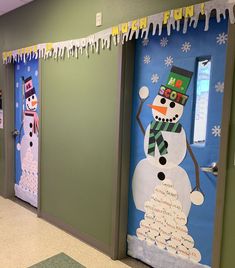 snowman themed classroom door decorations on the front and side of an office building hallway