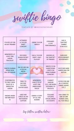 a pink and blue watercolor background with the words suitete bingo on it