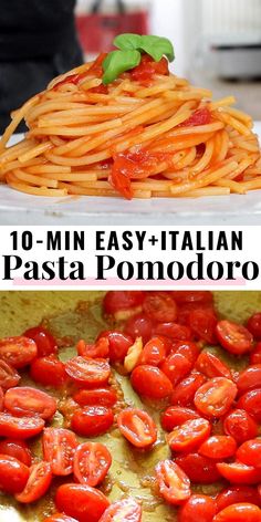 pasta with tomato sauce and basil leaves on top is shown in two different pictures, one has