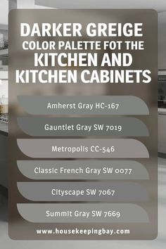 an advertisement for a kitchen with white cabinets and gray counter tops, featuring the words darker greige color palette for the kitchen and kitchens