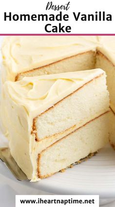 a close up of a piece of cake on a plate with the words homemade vanilla cake