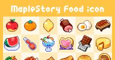 an old school computer game with some food items on the front and back cover, as well as text that reads maplestory food icon