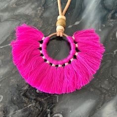 Beautiful Statement Necklace, Never Worn. 2.25 Inches Wide, 2 Inches High, And Max Cord Length Of About 14 Inches. Handmade Tassel Necklace For Beach, Adjustable Tassel Necklace For Beach, Beach Jewelry With Pink Fringe, Pink Fringe Jewelry For Beach, Pink Fringe Jewelry For The Beach, Adjustable Fringe Necklace For Beach, Leather Cord, Pink Ladies, Statement Necklace