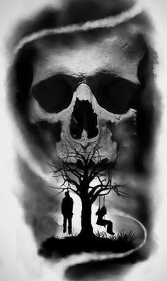 a black and white photo of a man standing next to a tree with a skull on it