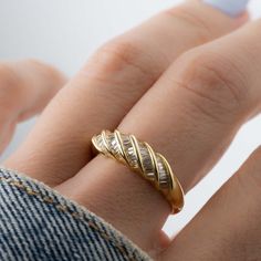 Baguette Ring Twist Baguette Ring Stacking Ring Gold Ring - Etsy Thick Gold Ring, Croissant Ring, Bijoux Art Nouveau, Baguette Diamond Rings, Baguette Ring, Zierlicher Ring, Wedding Jewellery Collection, Dome Ring, Etsy Gold Ring