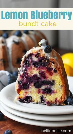 a lemon blueberry bundt cake on a white plate