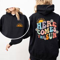 Here Comes the Sun Hoodie, Adventure Hoodie, Wanderlust Gift, Summer Trip Hoodie, Camp Lover Gifts, Family Matching Clothing, Road Trip  👉HOW TO ORDER👈 1️⃣  Choose your T-shirt color 2️⃣  Choose your T-Shirt size 3️⃣  Choose your design & text color 4️⃣ Need more Items? Add the current item in the cart. And If you like to add more items to your order please press the back button and repeat steps 1-3 again. 5️⃣Once all your desired items are in your cart you may complete your order by entering Fun Winter Hoodie With Letter Print, Fun Letter Print Hoodie For Winter, Winter Fun Hoodie With Letter Print, Fun Cotton Hoodie, Fun Cotton Hooded Hoodie, Fun Hoodie Sweatshirt With Drawstring Hood, Fun Sweatshirt With Drawstring Hood, Fun Winter Hoodie With Drawstring Hood, Fun Hooded Graphic Print Sweatshirt