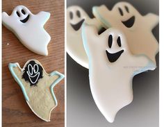 cookies decorated to look like ghostes on a table and in the process of decorating them