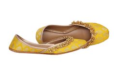 "--- FREE SHIPPING on each additional pairs when you pay for your first pair of shoes --- --- Wide feet? Not an issue. We offer choices for individuals with broader foot dimensions. Please contact us to discuss sizing details before placing your order ---   * Yellow base with gold ghungroo on flat shoes. * Cushioned Insole. * Leather Out sole. * Easy and comfortable to wear. * Perfect for every occasion. * Best in quality. * Handmade. Please choose your size from the below chart. If you are not Yellow Ballet Shoes, Yellow Ballet Flats, Embroidery Flats, Indian Shoes, Back Embroidery, Sparkly Shoes, Velvet Flats, Embroidery Shoes, High Quality Shoes