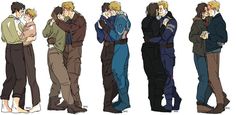 several people are hugging each other in different poses