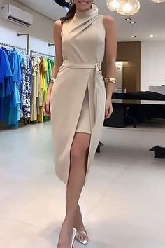 Ruched Sleeveless Slit Fake Two Piece Midi Dress Different Dresses, Khaki Dress, Stretch Dress, Pretty And Cute, Midi Dresses, Mid Calf, Join Us, Dress Making