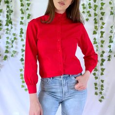 Vintage 70s Red Mock Neck Button Up Blouse From Country Sophisticates Petites By Pendleton. Vintage Size Petite 4, Imo Fits Like A Modern Petite 2. Model Wears A Regular 0-2 Or Xs-S In Tops. In Amazing Condition, Looks Nwot!! Love The Color, Neck, And Sleeves On This Piece, Would So Keep If The Sleeves Were Longer!! Measurements (Taken Flat) Ptp: 17” Length: 23” Sleeve: 21.5” #Vintage #70s #Prairie #Preppy #Groovy 70s Prairie, Button Up Blouse, Blouse Vintage, Vintage Tops, Vintage 70s, American Vintage, Mock Neck, Vintage Ladies, Blouses For Women