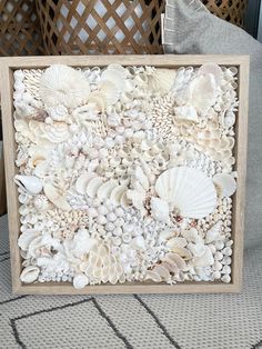 a wooden frame filled with shells and seashells on top of a carpeted floor