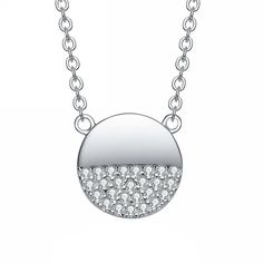 "Dress to impress whenever you don this eye-catching and stylish sterling silver cubic zirconia disc pendant neckace. Dress to impress whenever you don this eye-catching and stylish sterling silver cubic zirconia disc pendant neckace. Drop length: 0.43 in. Chain length: 18 in. Chain type: cable Clasp: spring ring Metal: sterling silver Plating: rhodium Finish: polished Packaging: boxedSTONE DETAILS Stone type: cubic zirconia Total weight: 1/4 ct. Shape: round Setting: pave Gemstones may have bee Silver Circle Necklace With Diamond Accents, Silver Circle Necklaces With Diamond Accents, Modern Silver Diamond Necklace With Round Pendant, April Birthstone Jewelry, Round Pendant Necklace, Butterfly Pendant Necklace, Disc Pendant, Jewelry Show, Pearl Jewellery Earrings