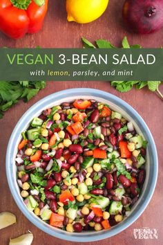 vegan 3 - bean salad with lemon, parsley, and mint in a blue bowl