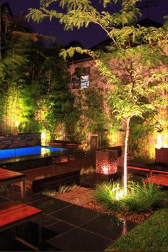 an outdoor area with benches and trees lit up at night, along with a pool in the background