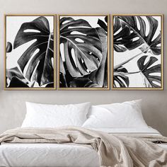 two black and white paintings on the wall above a bed