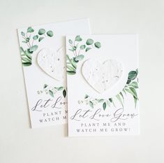 two cards that say let love grow and plant me and watch me grow on them