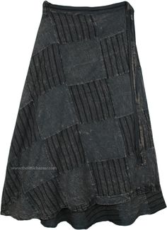 Patchwork Cotton Long Skirt - An elegant and unique patchwork skirt in alternating solid and stripe patches.  This skirt is made from heavyweight cotton material and can be worn year round depending on how you accessorize it. #tlb #WrapAroundSkirt #Patchwork #Stonewash #XLPlus #vacationclothing #Solid #Plussizewrapskirt #plussizebohoskirt Black Patchwork Cotton Skirt, Black Cotton Patchwork Skirt, Long Cotton Patchwork Skirt, Cotton Patchwork Long Skirt, Cotton Long Skirt With Patchwork, Traditional Black Cotton Skirt, Plus Size Wrap Skirt, Dark Grey Skirt, Skirt Patchwork