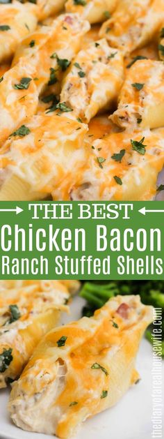 the best chicken bacon ranch stuffed shells on a white plate with green beans and broccoli