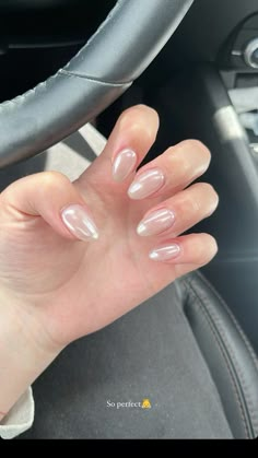 Rose gold nails, "Abstract colorful nails" Sheer Silver Nails, Nail Inspo Opi, Glass Like Nails, Soft White Chrome Nails, Simple Crome Nails, Opi Bubble Bath Chrome Nails, White Glaze Nails, Grad Pic Nails, Opi Bubble Bath With Chrome