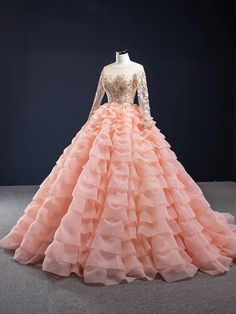 Elegant Ruffled Long Sleeve Pink Ball Gown Orange Ball Gown, Kids Gowns, Long Sleeve Quinceanera Dresses, Debut Dresses, Dinner Dresses, Sweet 15 Dresses, Ball Gown Dress, Quince Dress