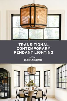 a dining room table and chairs with the words transstinal contemporary pendant lighting