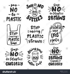 hand drawn no plastic bags and stop using plastic straws