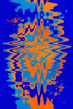 an orange and blue abstract design on a blue background with water drops in the foreground