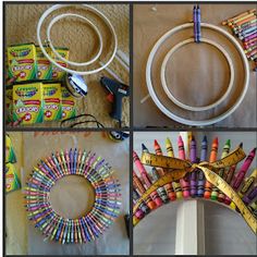 four pictures showing different ways to make a wreath out of crayons and pencils