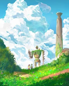 a painting of a robot standing on top of a lush green field next to a tall pillar