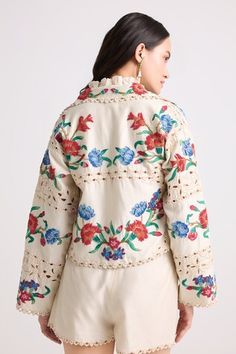 Ivory chanderi short jacket with floral, thread and beaded applique embroidery. - Aza Fashions Floral Lapel, Floral Work, Work Shorts, Beaded Neckline, Applique Embroidery, Beaded Applique, Embroidered Applique, Fabric Beads, Jacket For Women