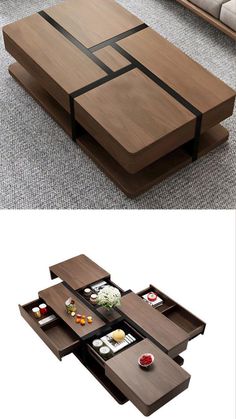 the coffee table is made out of wood and has compartments for food on each side