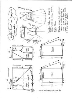 paper doll clothes with measurements and instructions for the sewing pattern, including an image of a dress