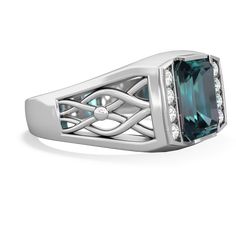 An intricate twisting vine accents this 14K White Gold alexandrite men's ring. Featuring a 9x7 emerald-cut color-changing alexandrite, weighing 2.40 carat, and flanked by {diamondcarats}. Luxury White Gold Lab-created Sapphire Ring, London Topaz Ring, Alexandrite Jewelry, Vine Ring, Blue Topaz Jewelry, Topaz Jewelry, Onyx Jewelry, Emerald Jewelry, Onyx Ring