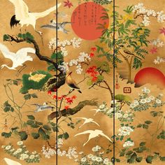 A stunning Japanese Byobu design featuring beautiful detailing of fleeting birds amongst bright flowers in the foreground of a large red sun. This design creates the illusion of screen folds with vertical panelling. Please note the internal repeat is actually 150cm. Sold as a set of 3 panels and supplied on one 9m roll measuring 52cm wide and 300 cm long which covers 4.68m2.  Please request sample for colour and texture of mural. Japanese Icon, Design Japonais, Chinoiserie Style, Mind The Gap, Antique Illustration, Standard Wallpaper, Wallpaper Direct, Sendai, Japan Design