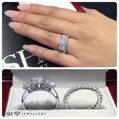 two different views of an engagement ring and wedding band in a box with diamonds on it