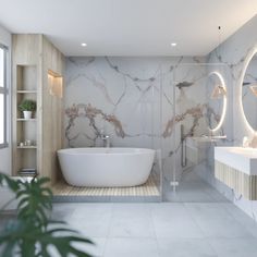 a bathroom with marble walls and flooring is pictured in this image, it has a large white bathtub next to the sink