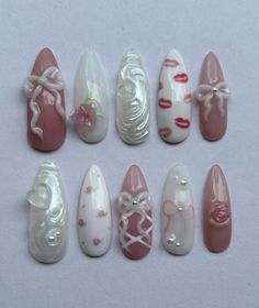 Old Hollywood Nails Designs, Nana Inspired Nails Anime, Nail Mood Board Ideas, Gothic Coquette Nails, Flower Charms On Nails, Valentines Nails 3d, Romantic Goth Nails, Croquette Nails, Nails Details